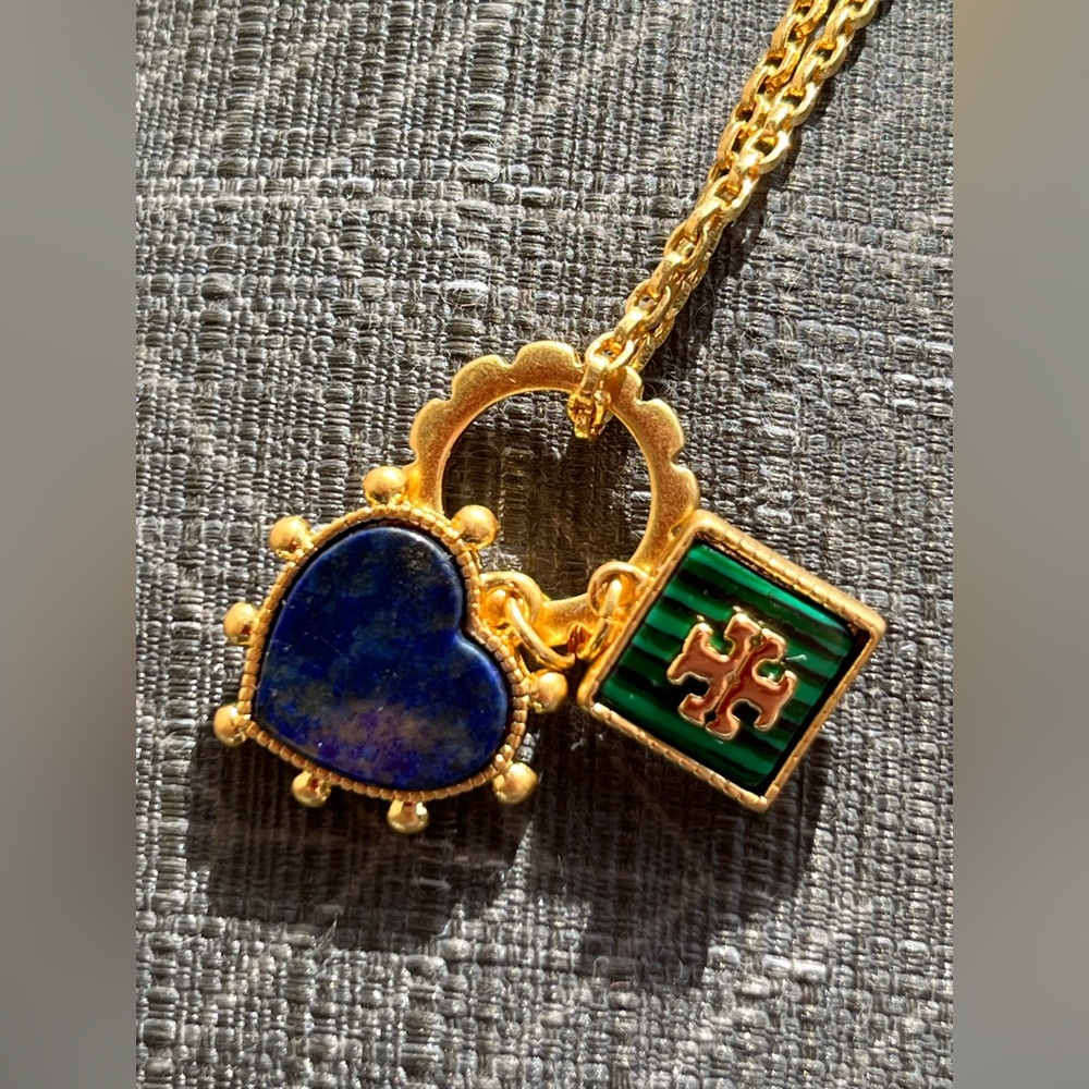 NWOT Tory Burch Heart and Green Square Logo T Gold Tone Necklace.